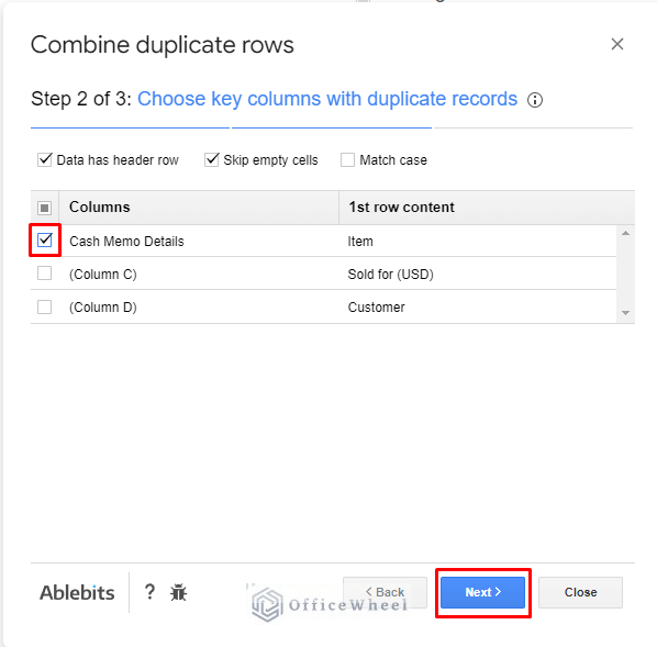 define duplicate columns to combine duplicate rows